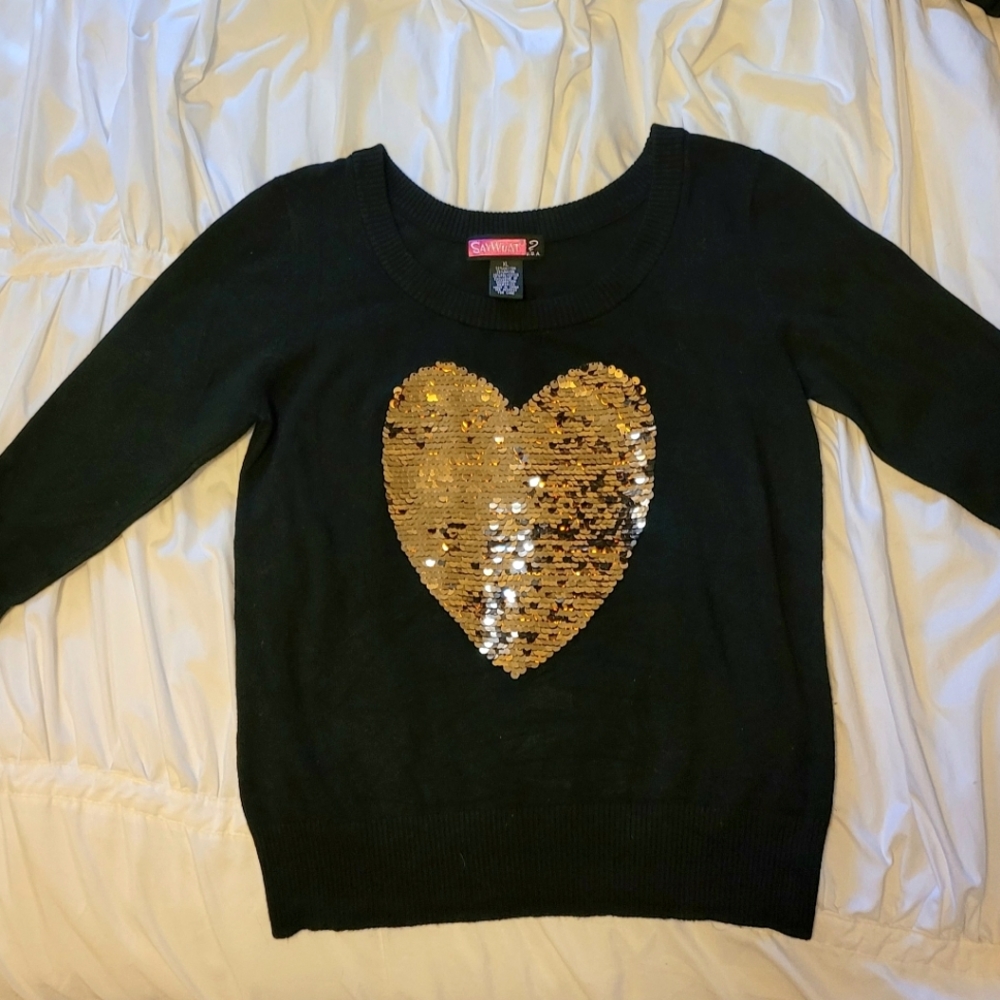 NWOT XL SayWhat? Black w/ Gold Sequin Heart Sweater